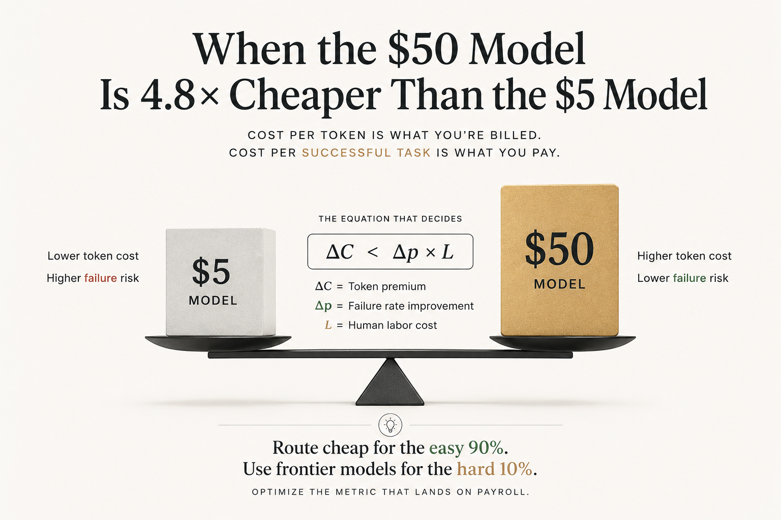 Cost per token vs cost per successful task balance scale